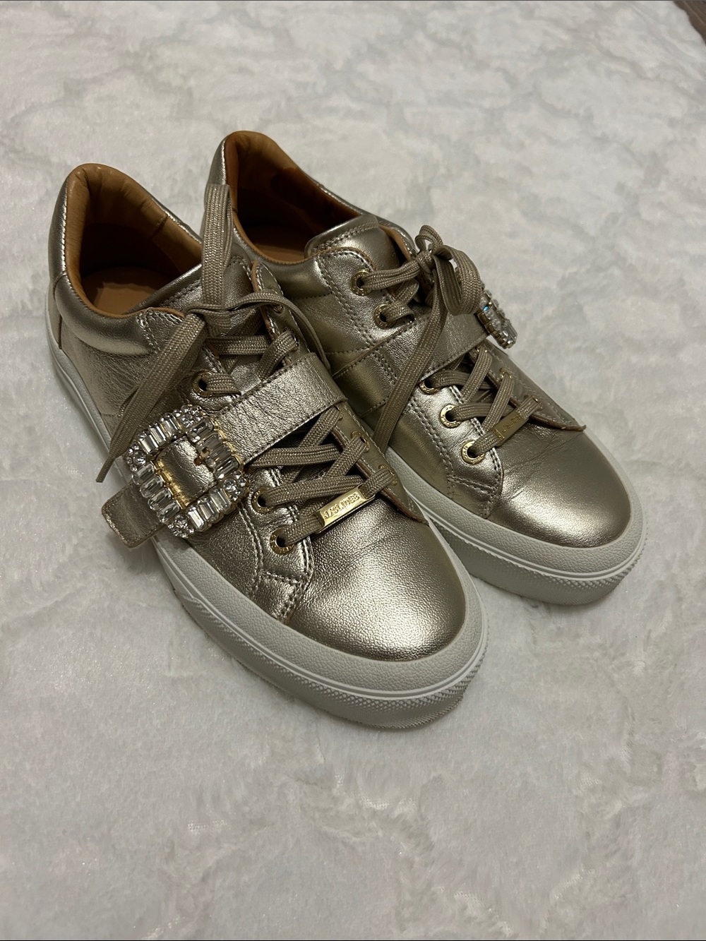 J Slides Metallic Gold Crystal Buckle Platform Sneakers